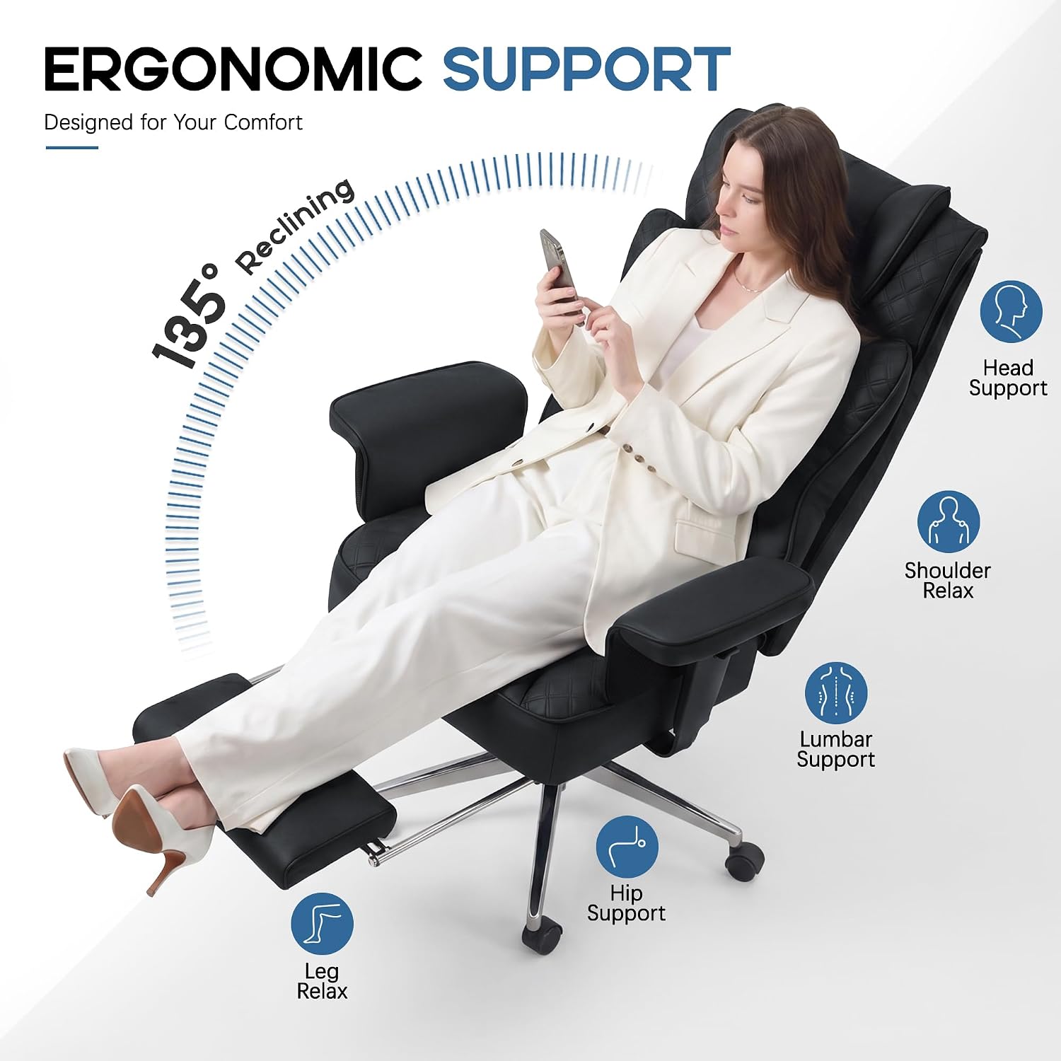 Detalle de Daeorio HXCH001-Black Big and Tall Office Chair with Footrest, Reclining Faux Leather