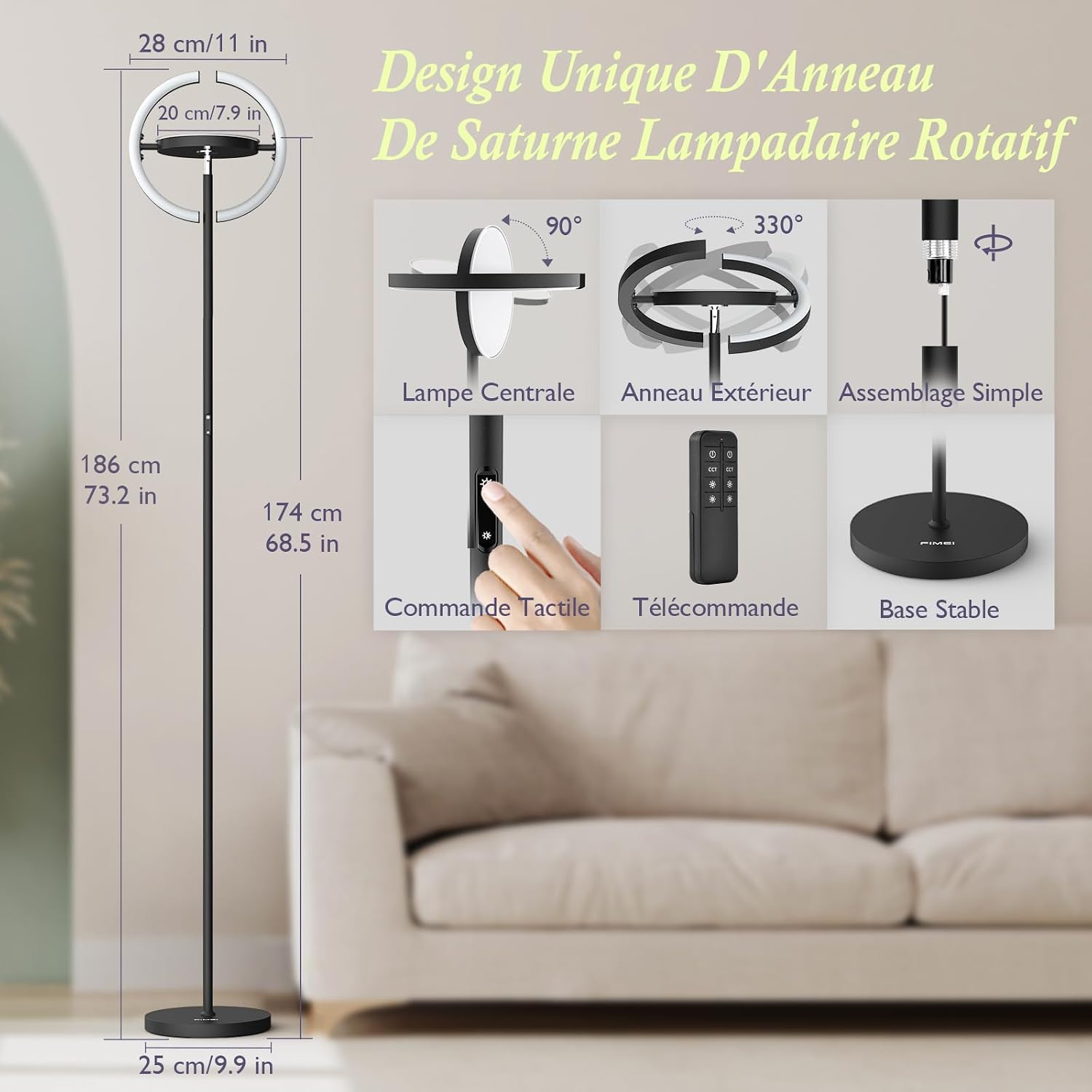 Thumbnail 2 de FIMEI Lampadaire LED sur pied 36W, 3000K–6000K avec télécommande et commande tactile