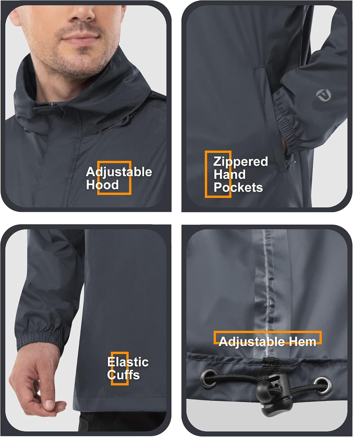 Detalle de Outdoor Ventures Men's Waterproof Rain Jacket Packable Hooded Pullover