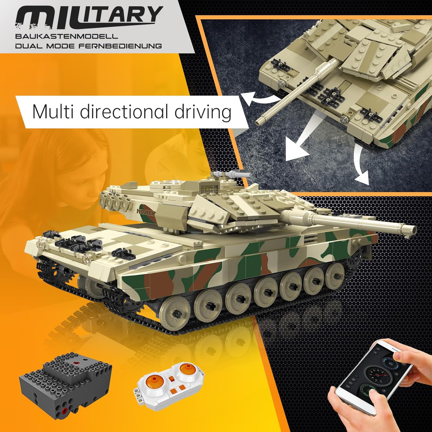 Thumbnail 4 de Mould King 20020 MOC Technik Panzer „Leopard 2/Tiger-Panzer“ ferngesteuert (Klemmbausteine-Bausatz, 1091+ Teile)