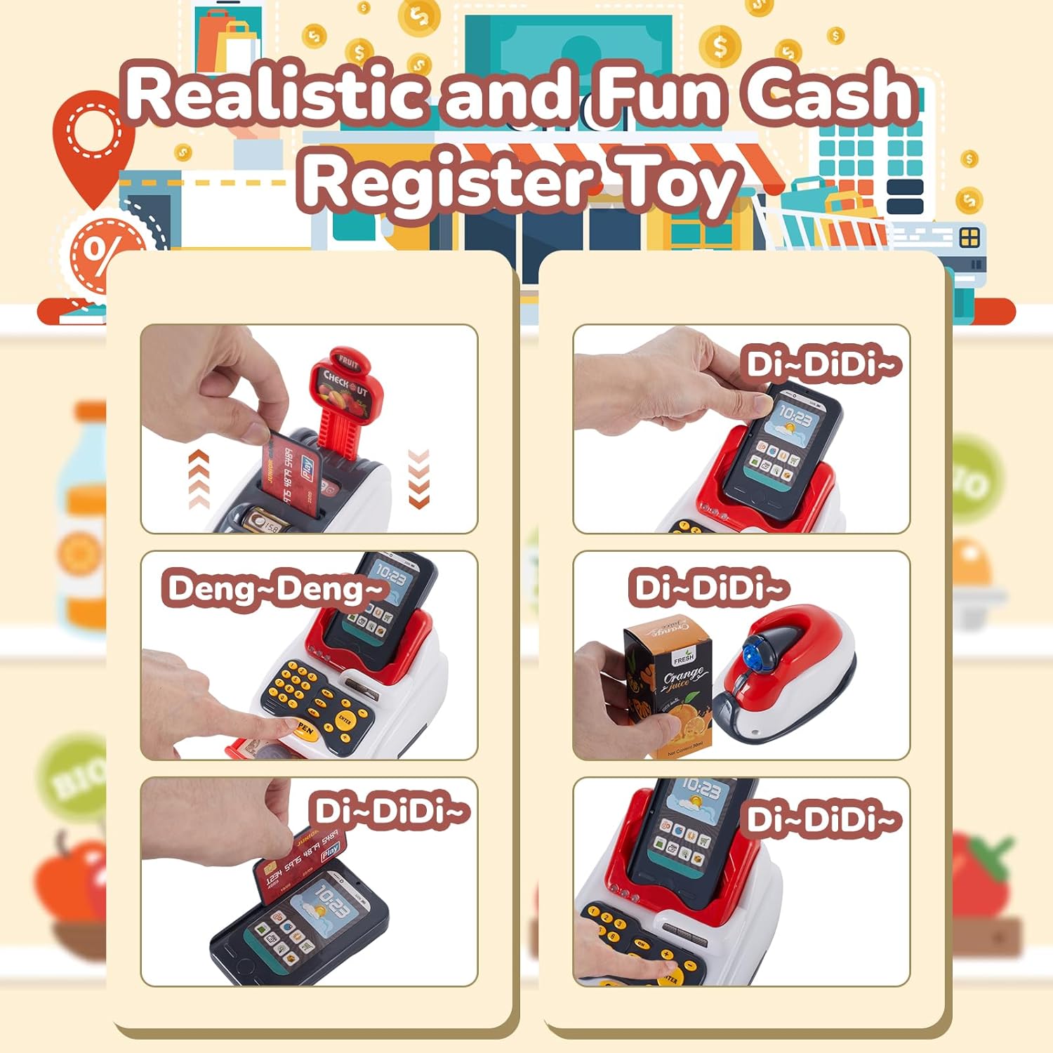Detalle de Qivange kids toy cash register set with scanner, music & play money (age 3+)