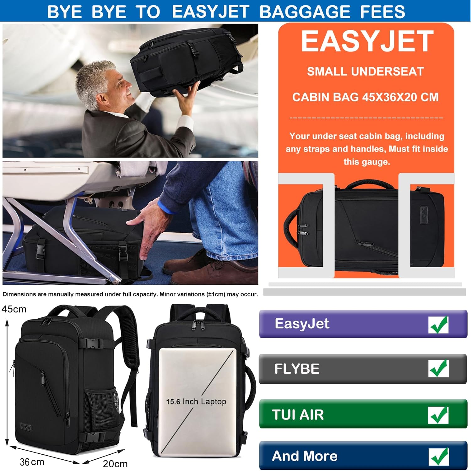 Thumbnail 1 de Cabin Bag 45x36x20: A practical EasyJet underseat backpack with USB charging and 15.6" laptop protection