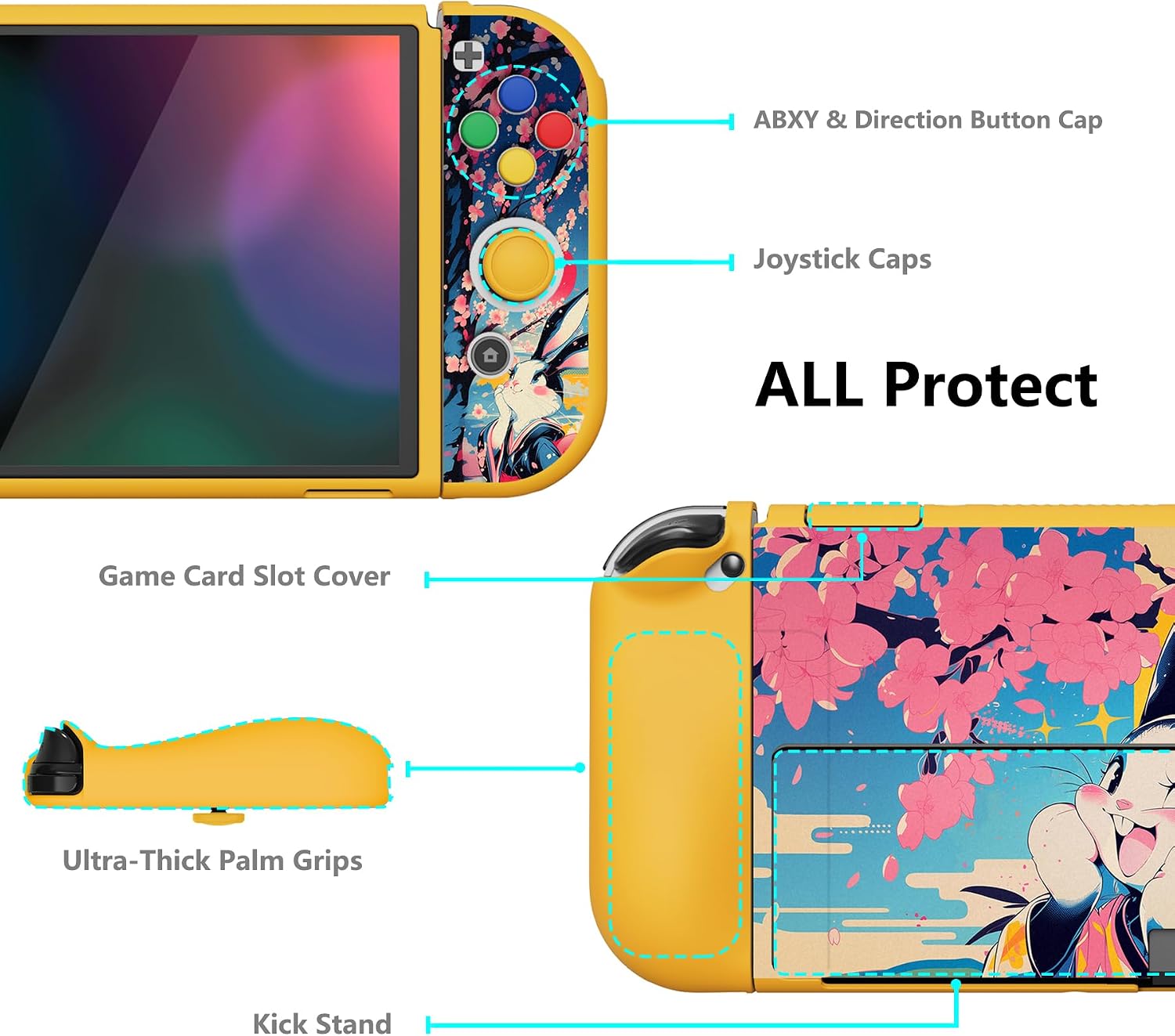 Detalle de playvital ZealProtect Soft Protective Case for Nintendo Switch OLED (Blossom POP Bunny) with Joycon Grip Caps