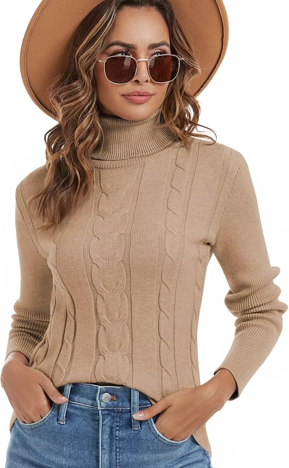 Detalle 2 de JOCAFIYE Cable-Knit Turtleneck Sweater for Women, Long-Sleeve Pullover