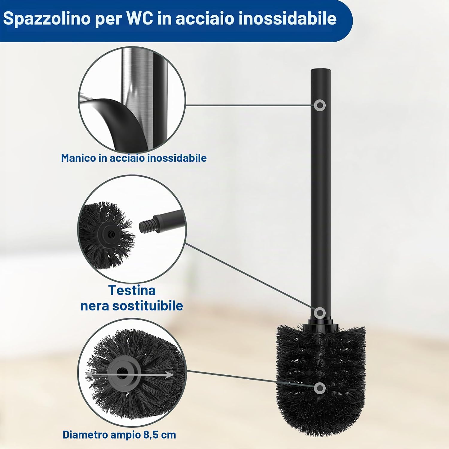 Thumbnail 4 de Susswiff Porta carta igienica in acciaio inox con ripiano, scopino e scatola salviettine umidificate – nero opaco