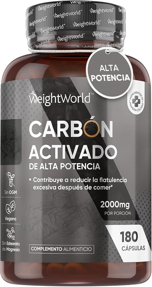 Detalle de Carbón Activado 2000mg Vegano 🌿 - 180 Cápsulas para Gases