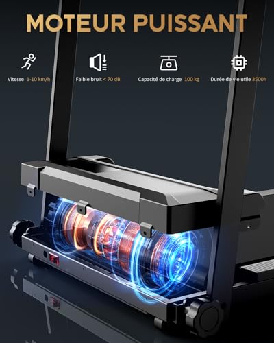 Detalle de Tapis de Course Marche Pliable Zeporix – Modèle électrique silencieux 2.0 CV, 1–10 km/h, 100 kg – Compact pour maison et bureau
