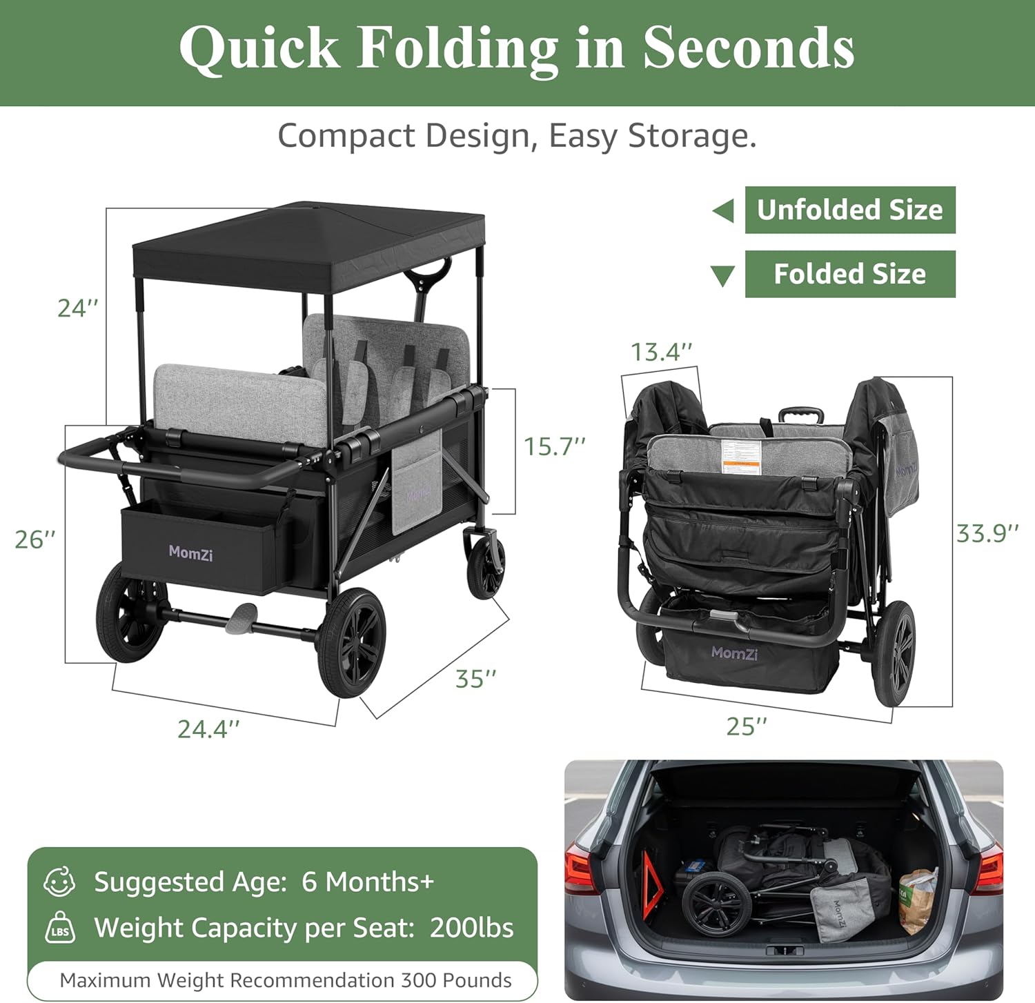 Thumbnail 2 de MomZi 4-Seat Kids Stroller in Black — Flexible Foldable Ride for Bigger Families