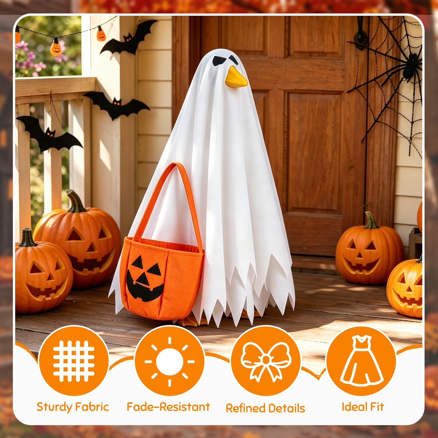 Detalle de MEQUER Halloween Ghost Costume for 23-Inch Goose Statue with Pumpkin Bag