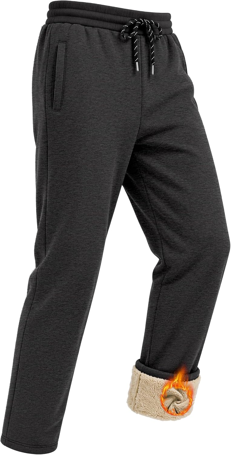 Detalle de TACVASEN Men's Sherpa-Lined Fleece Sweatpants, Drawstring Waist, Open Bottom