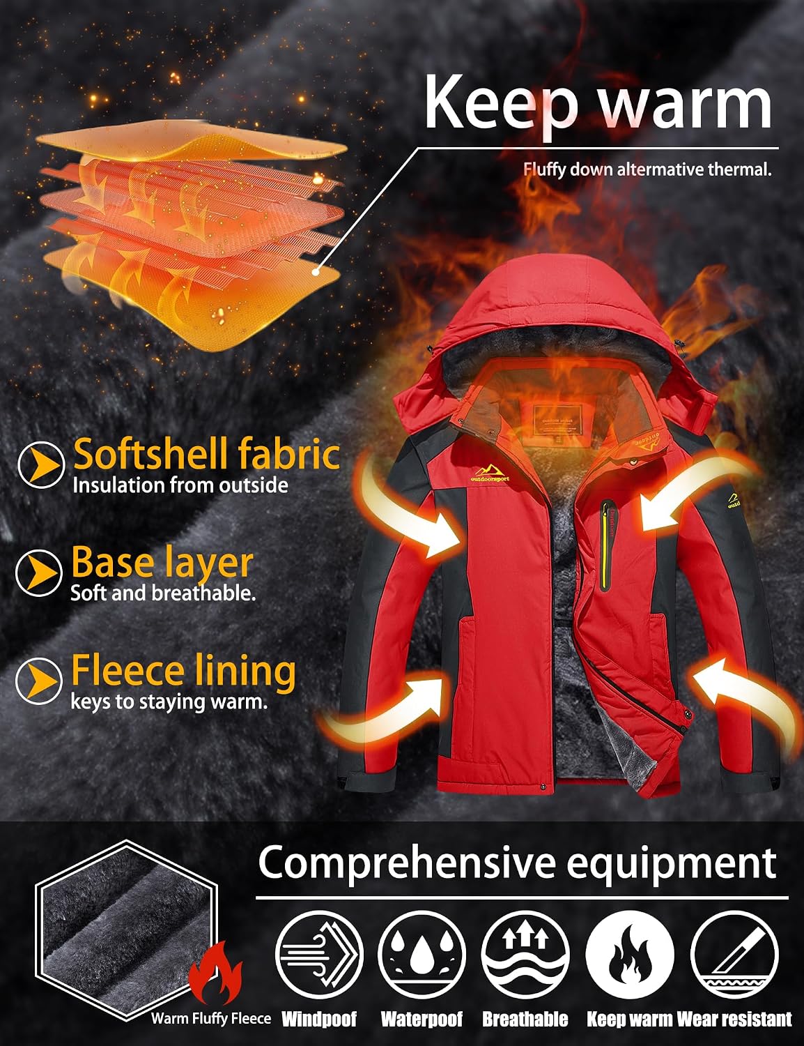 Detalle de TACVASEN Men's Waterproof Fleece-Lined Winter Ski Jacket with Multi-Pocket Design