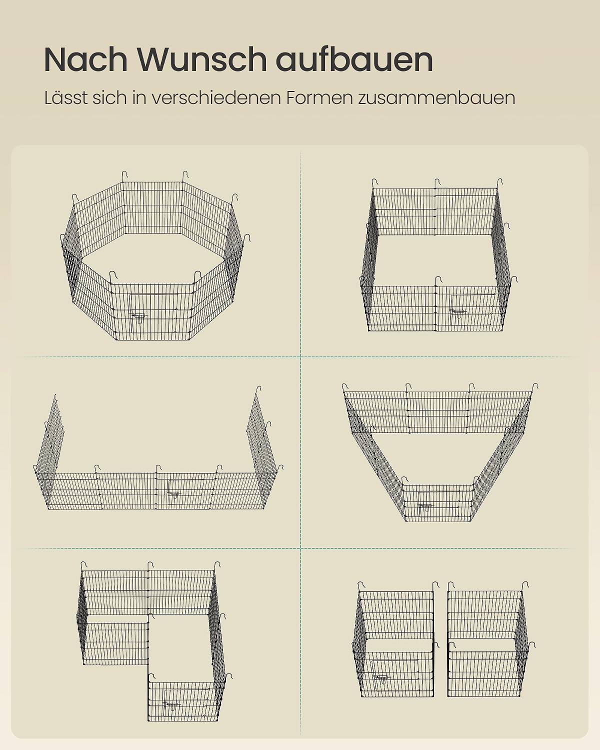 Thumbnail 6 de SONGMICS Kleintiergehege, Freilaufgehege mit Abdeckung – 138 × 138 × 60 cm, 8 Gitterplatten, tintenschwarz (LPI020BH01)