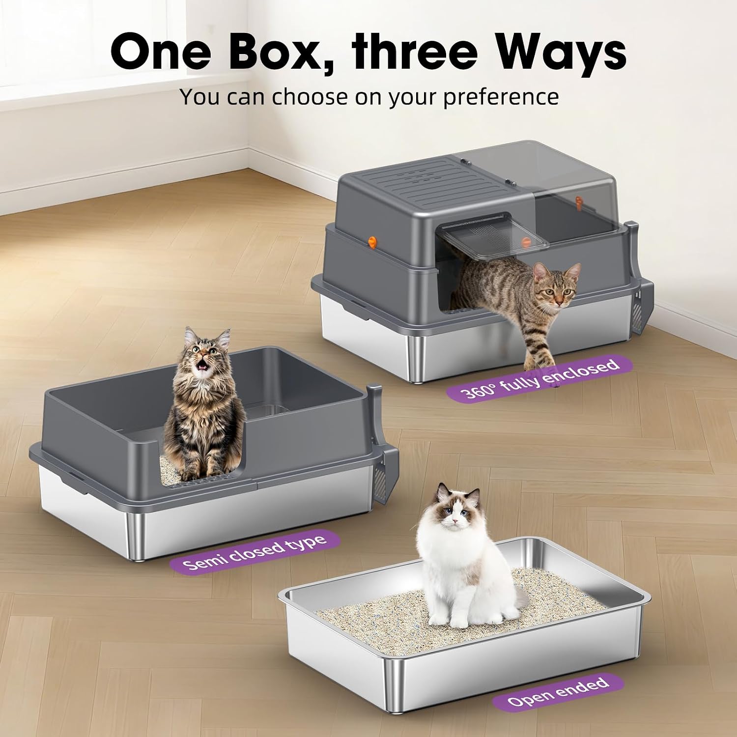 Detalle 2 de XXXL Stainless Steel Cat Litter Box – Extra Large Open High-Sided Tray with Semi-Transparent Panels