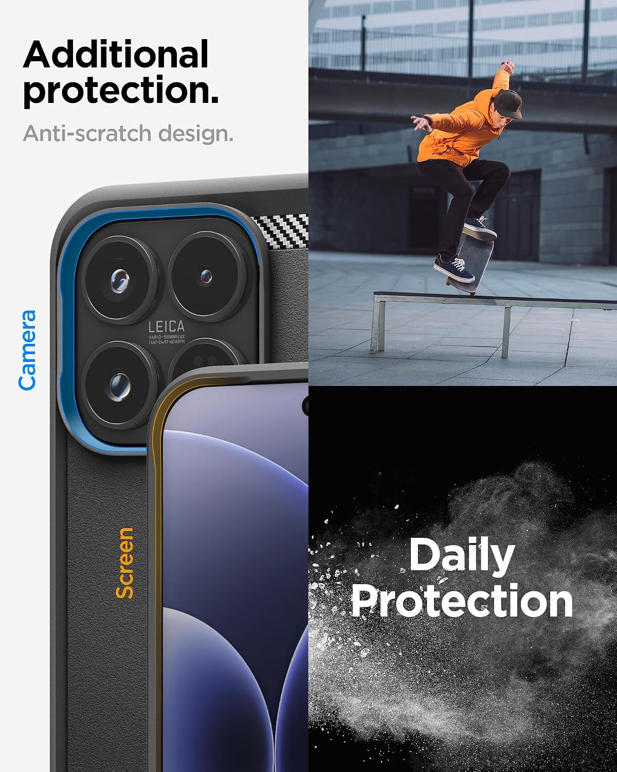 Detalle de Spigen Rugged Armor per Xiaomi 17, cover in nero opaco con bordo rialzato e Air Cushion