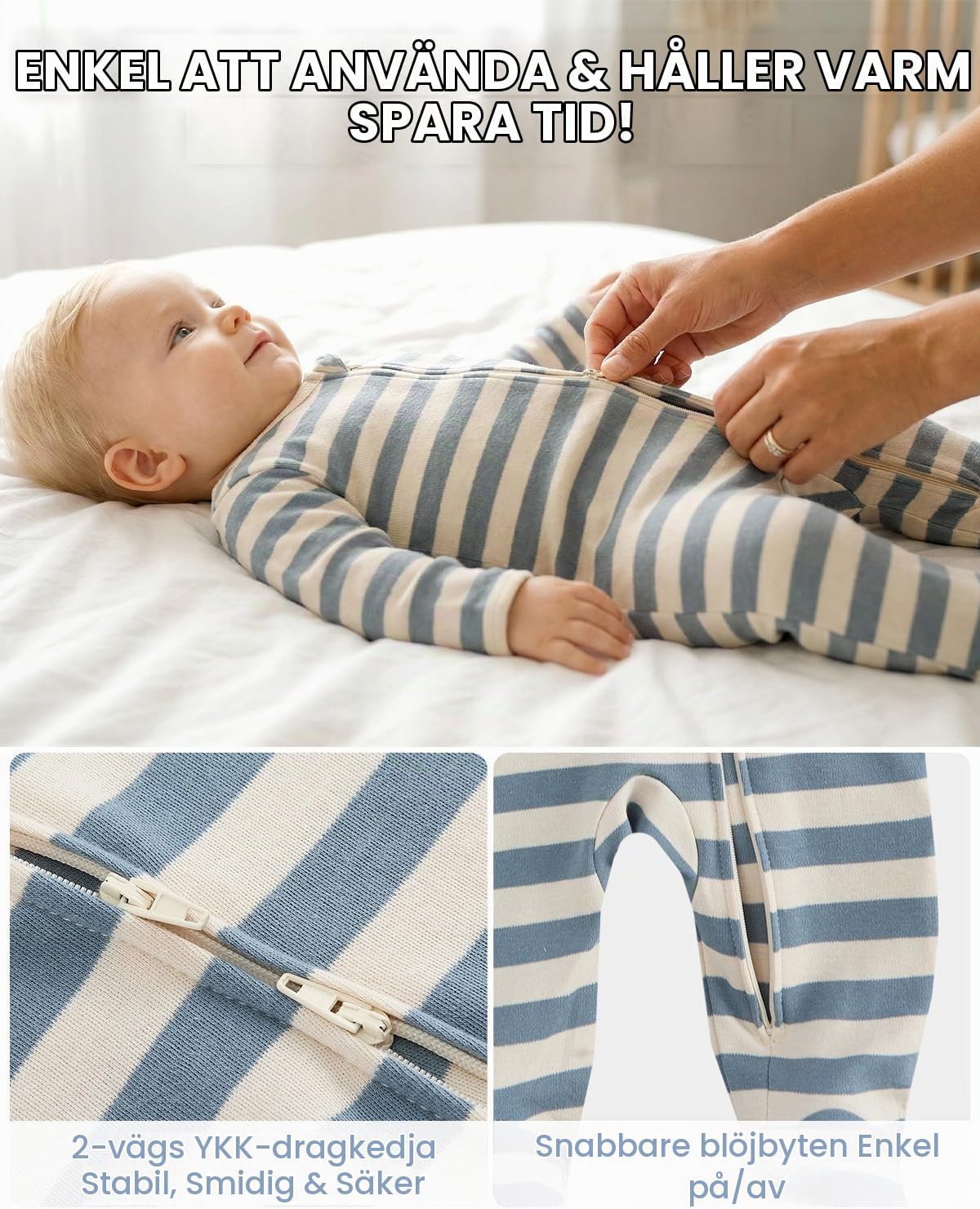 Detalle de JiAmy sovdräkter för baby, 3-pack i bomull med hel dragkedja och vikbara vantar