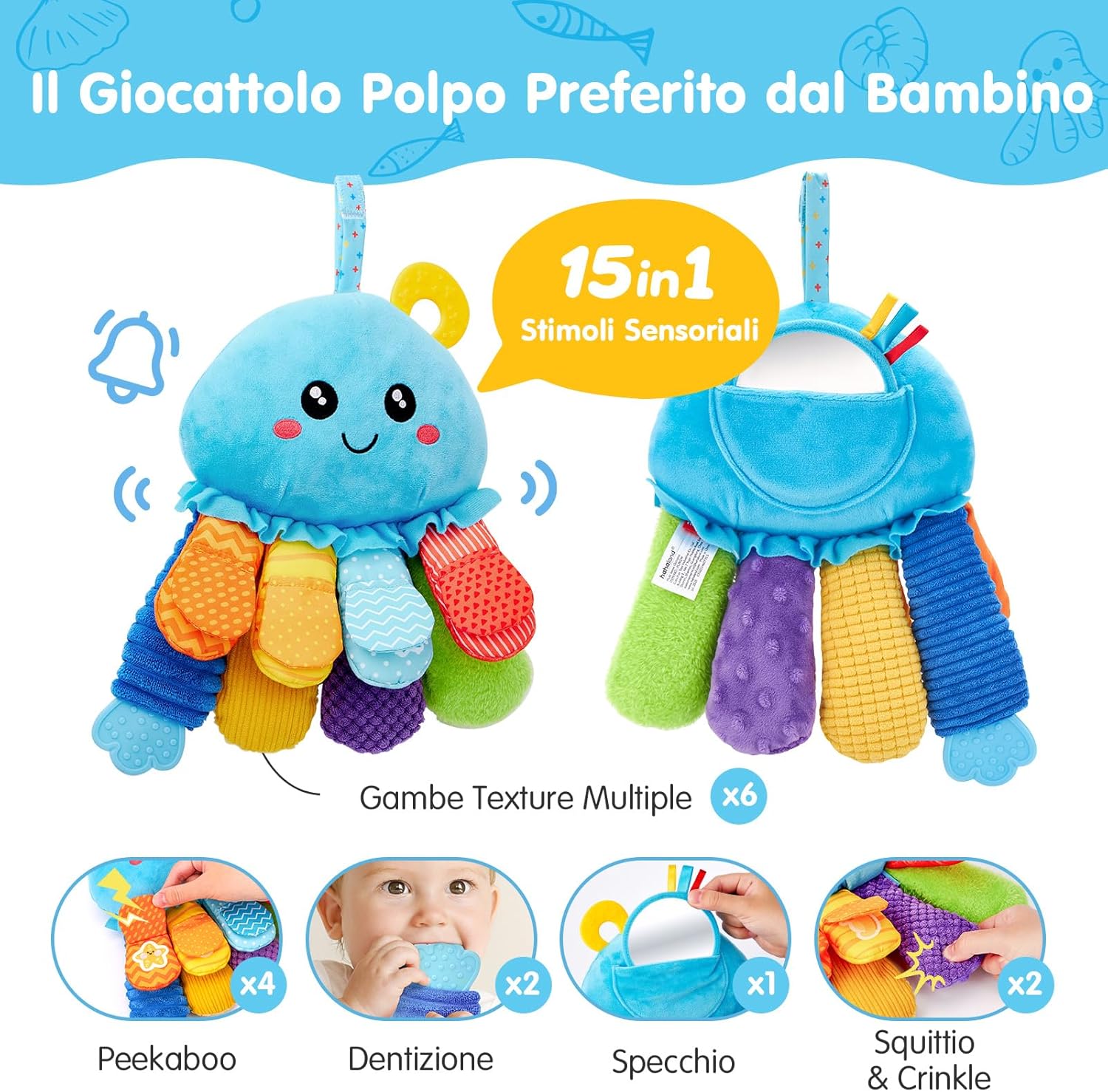 Thumbnail 1 de Peluche polpo multisensoriale Hahaland Giochi Montessori (6 mesi) con sonaglio, specchio e anelli da dentizione