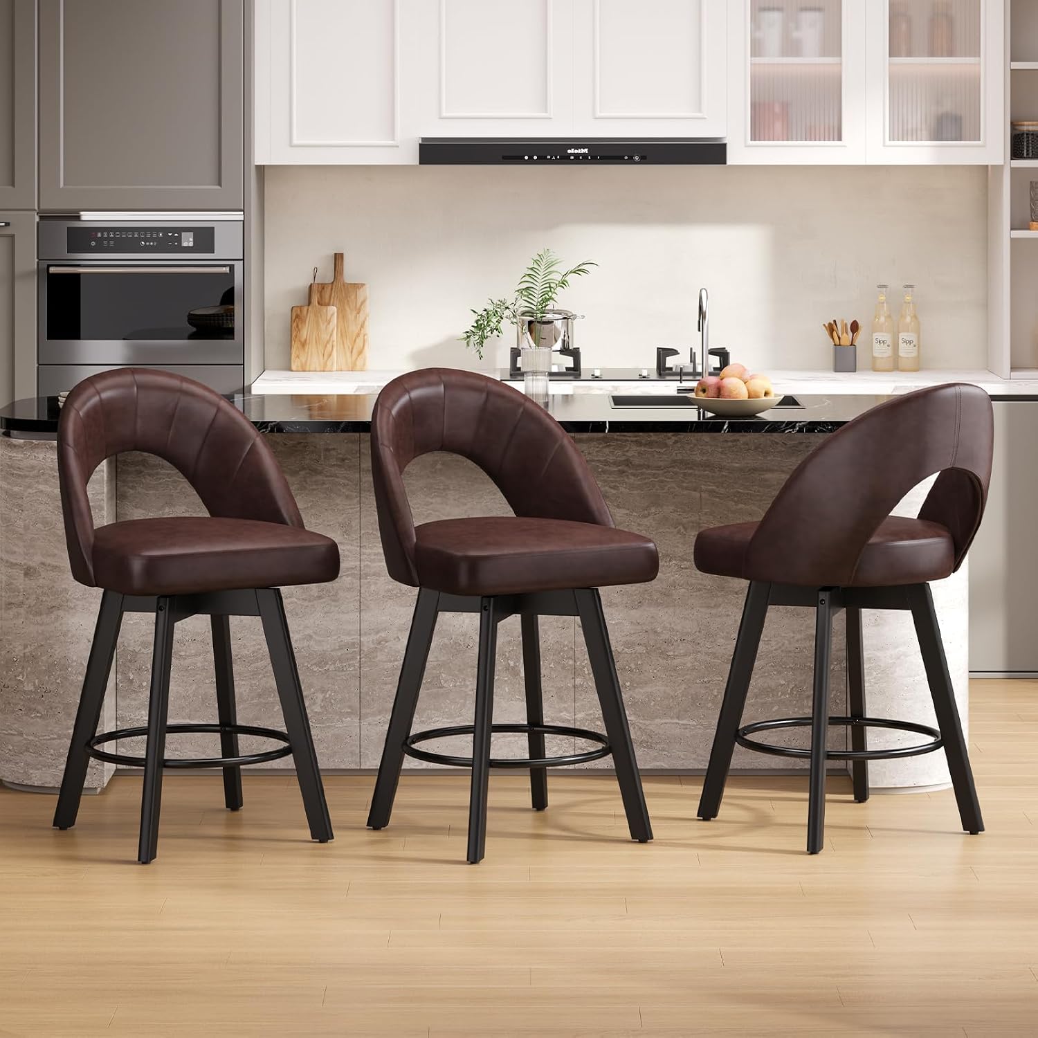 Detalle de YaFiti FW_847 Counter-Height Swivel Bar Stools, Set of 3, Saddle Brown