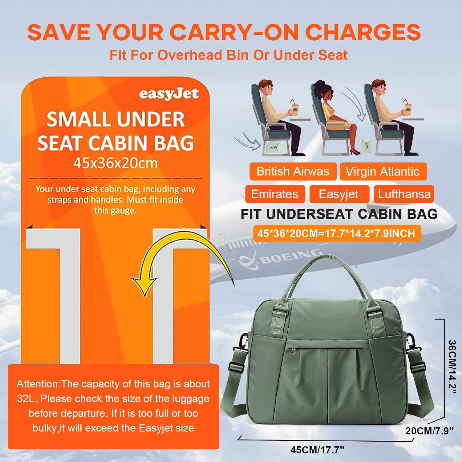Thumbnail 1 de Easyjet Underseat Cabin Bag 45x36x20cm K3-Green — Weekend Traveller’s Carry-On with Wet Pocket