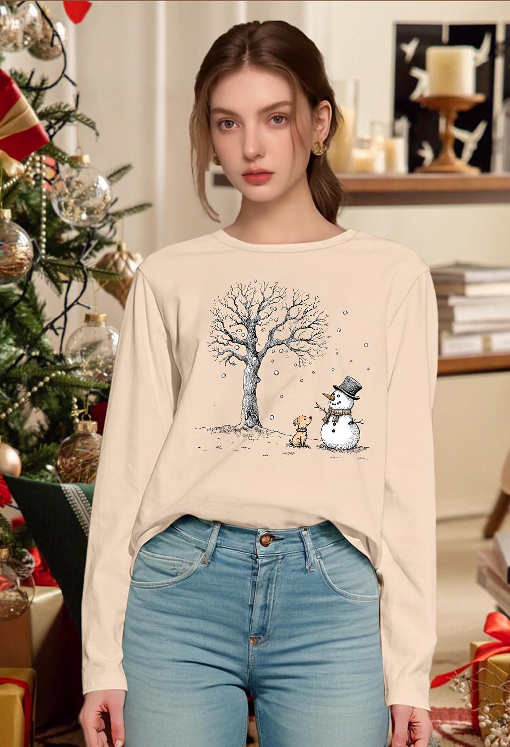 Detalle de tiorhooe Christmas long sleeve shirt for women (cute snowman crewneck)