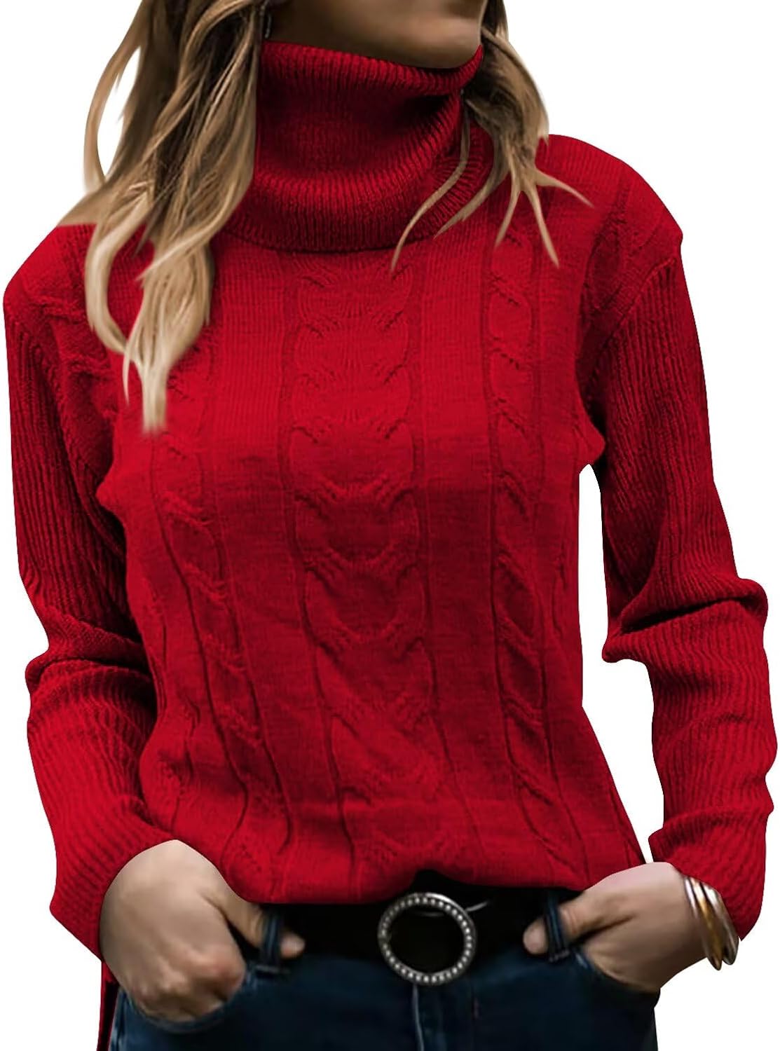 Detalle de JOCAFIYE Women's Cable-Knit Turtleneck Sweater, Long-Sleeve Stretch Pullover