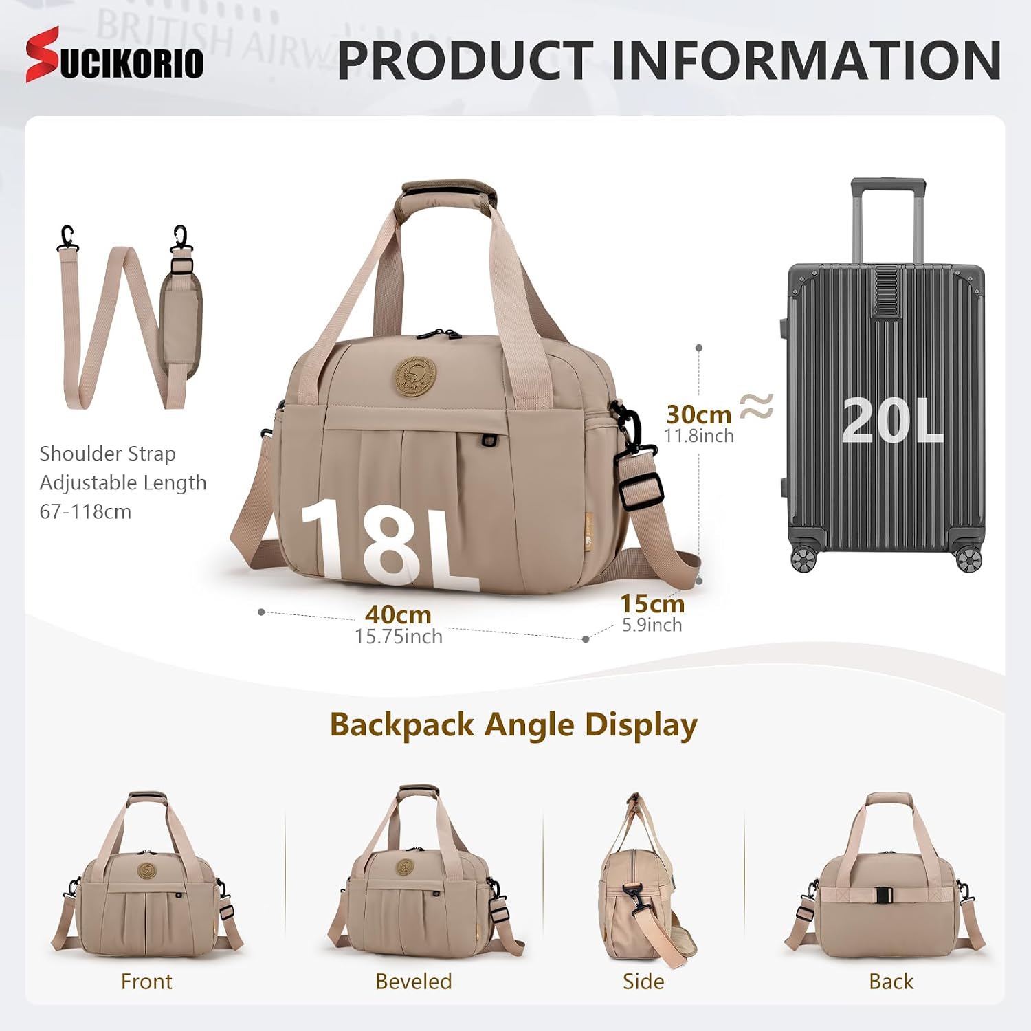 Detalle de SUCIKORIO borsa da viaggio impermeabile 40x30x15 cm, 18L – bagaglio a mano con tasca bagnata