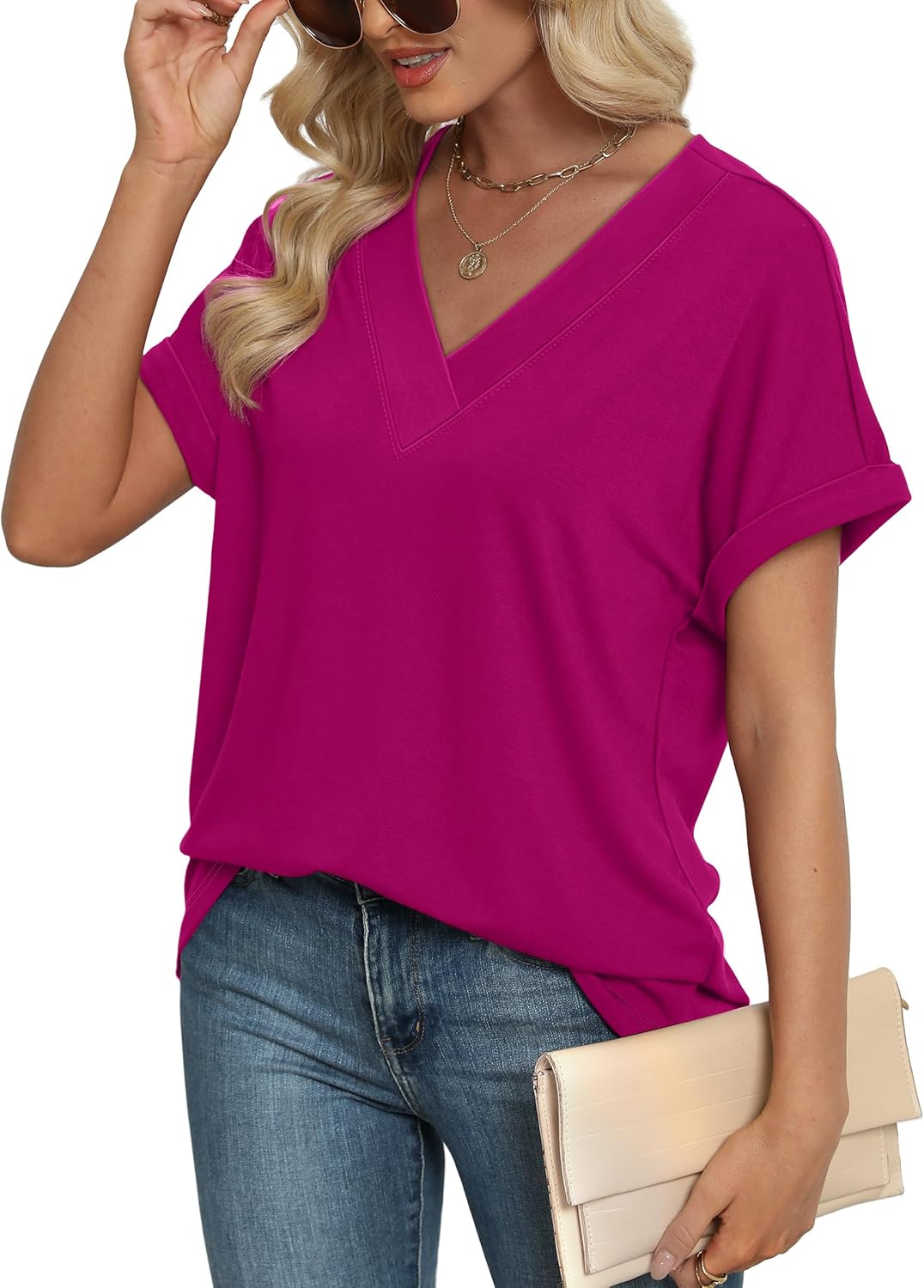 Thumbnail 3 de WIHOLL Women’s V-Neck Dolman Sleeve Summer Top (Rolled Sleeve) — Soft Stretch Blend