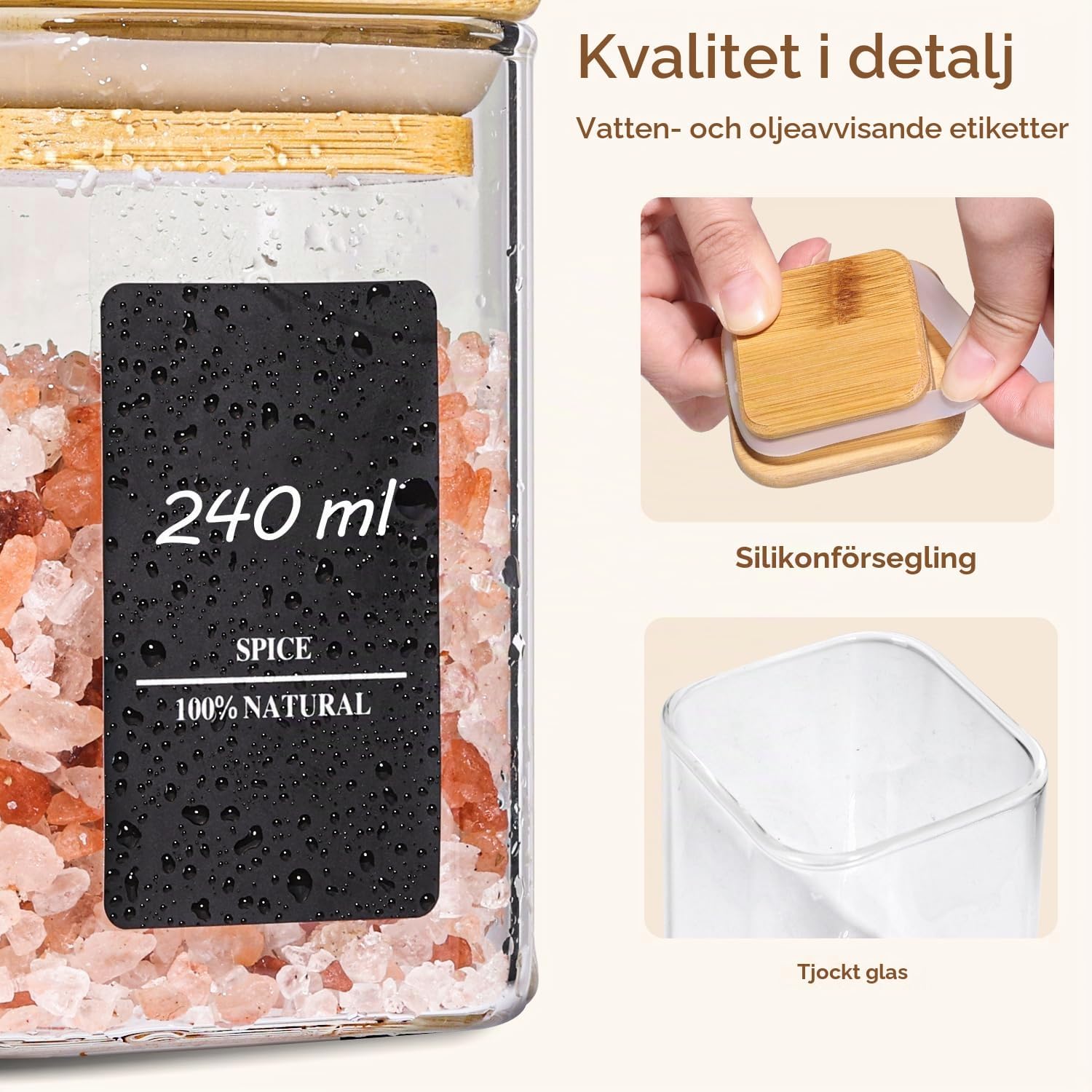 Thumbnail 5 de ComSaf kryddburkar i glas, 240 ml, 6-pack med bambulock och fyrkantig form