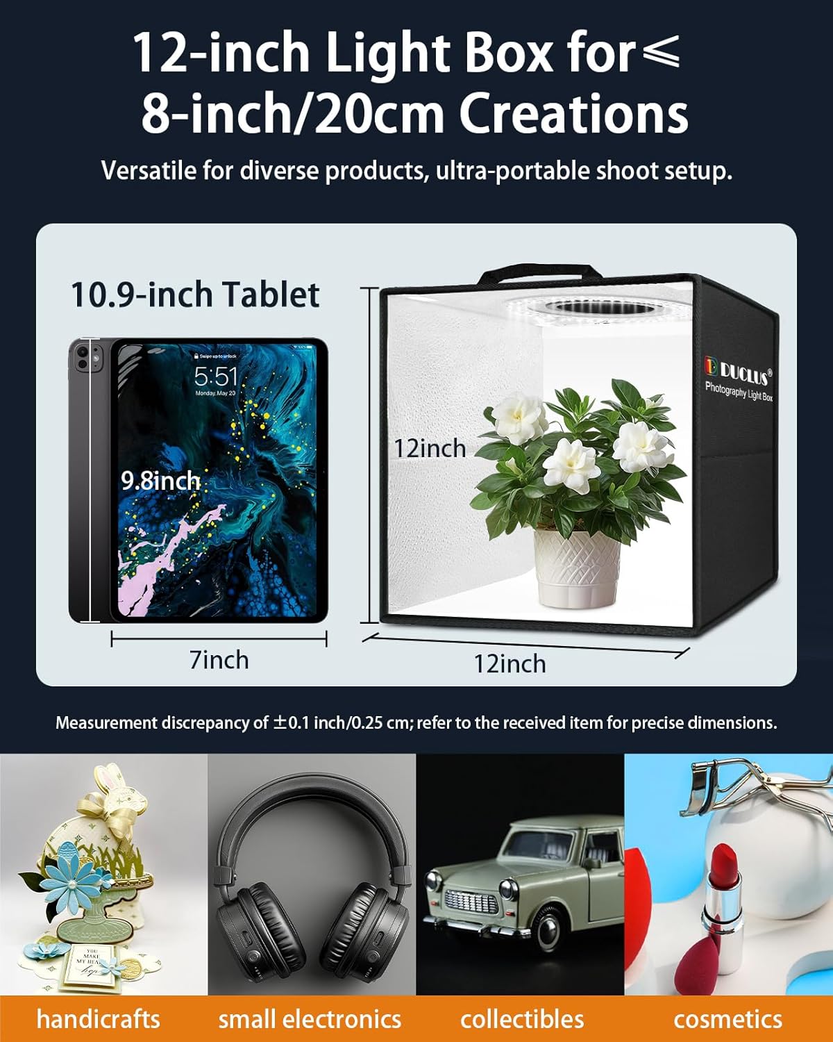 Thumbnail 6 de DUCLUS Fotobox für Fotografie – 30 cm Mini-Photostudio mit 120 LEDs, 6 PVC-Hintergründe und dimmbarer Beleuchtung