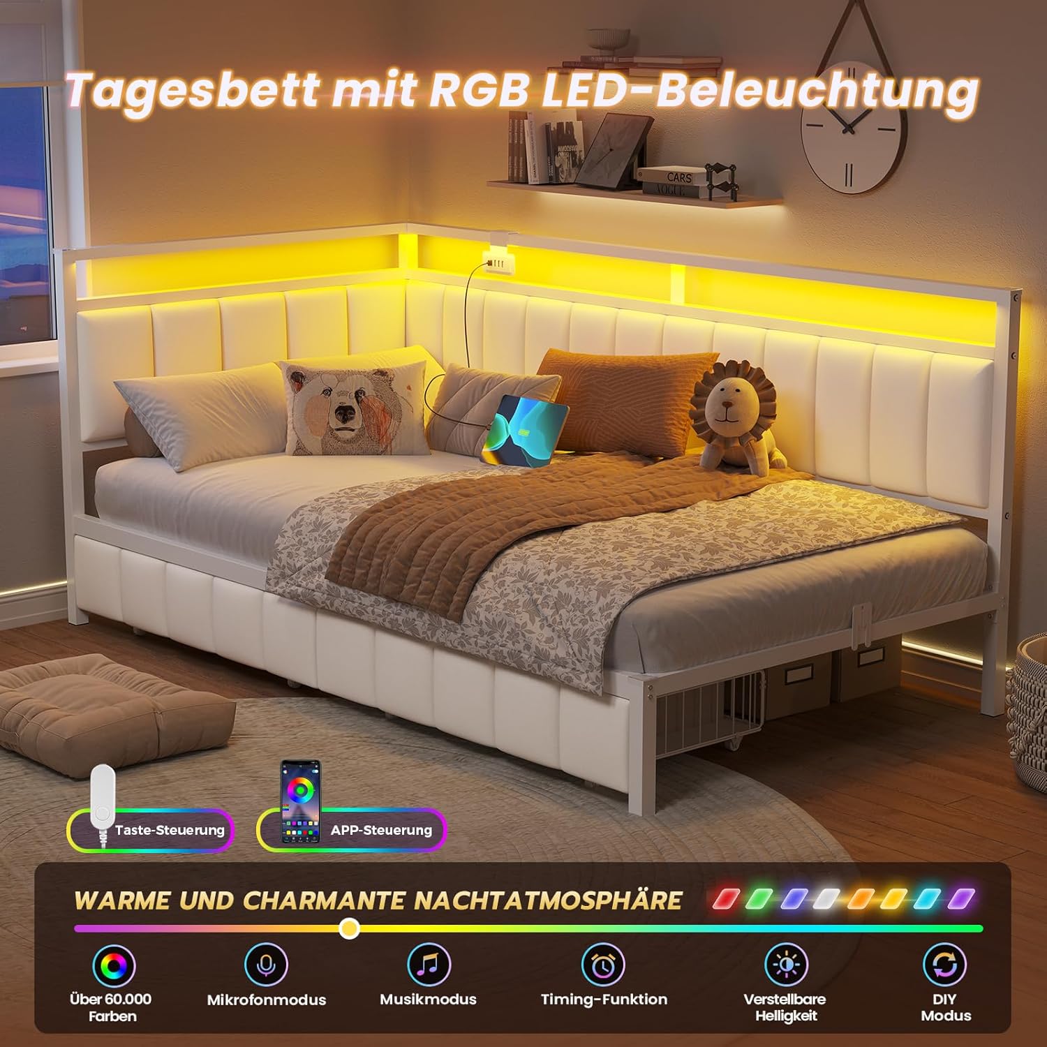 Detalle 2 de DICTAC Jugendbett 90x200 mit LED-Beleuchtung und USB-Ladestation – Schlafsofa, Eckdesign aus Metall mit zwei Schubladen