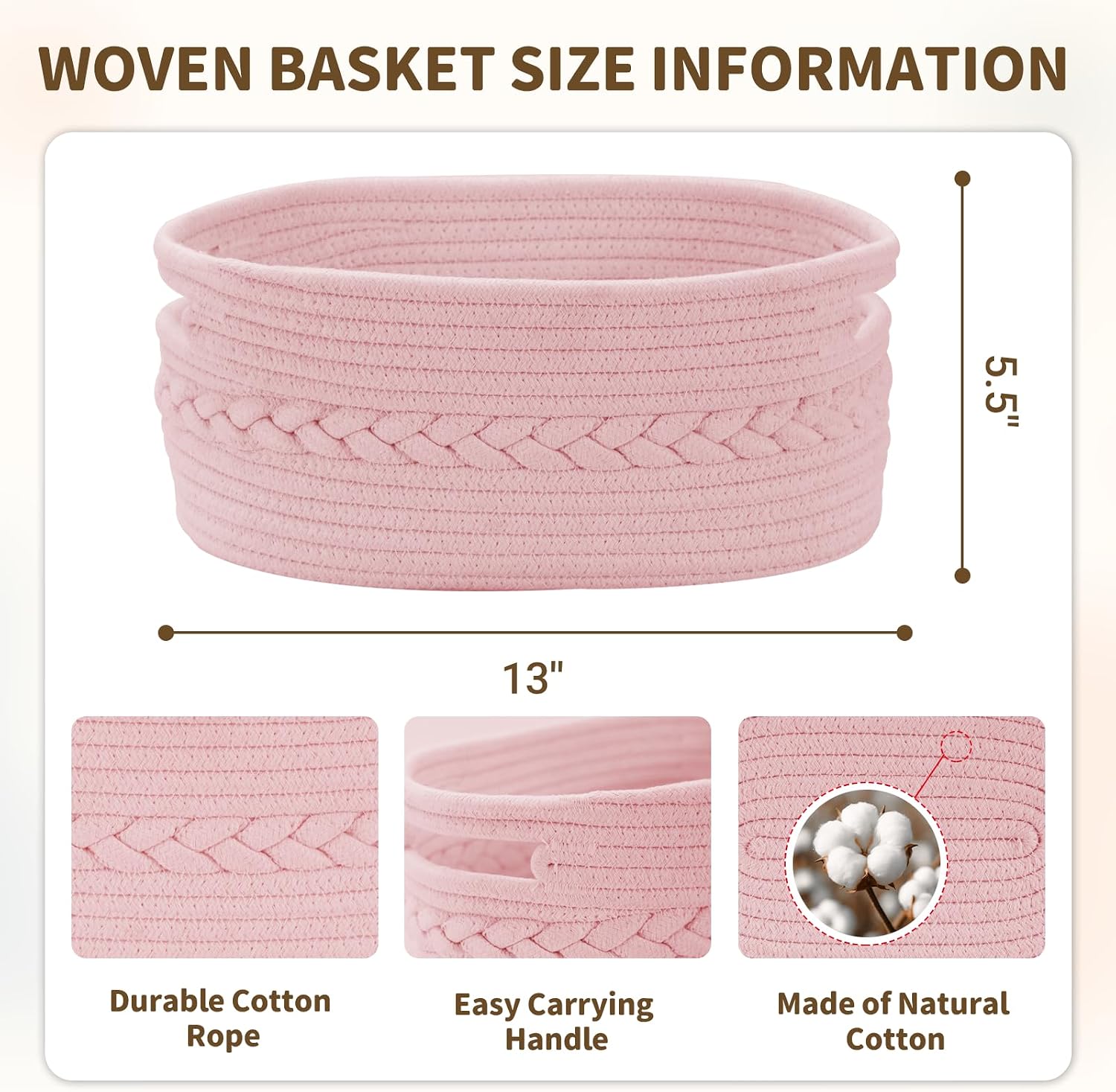 Detalle de COSYLAND Small Pink Woven Cotton Rope Gift Basket Set with Bag and Ribbon