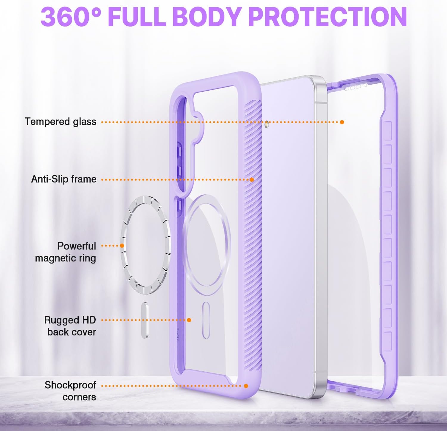 Thumbnail 1 de CENHUFO Samsung S25 FE Case with Built-in Screen Protector — 360° Rugged, Magnetic (Purple)