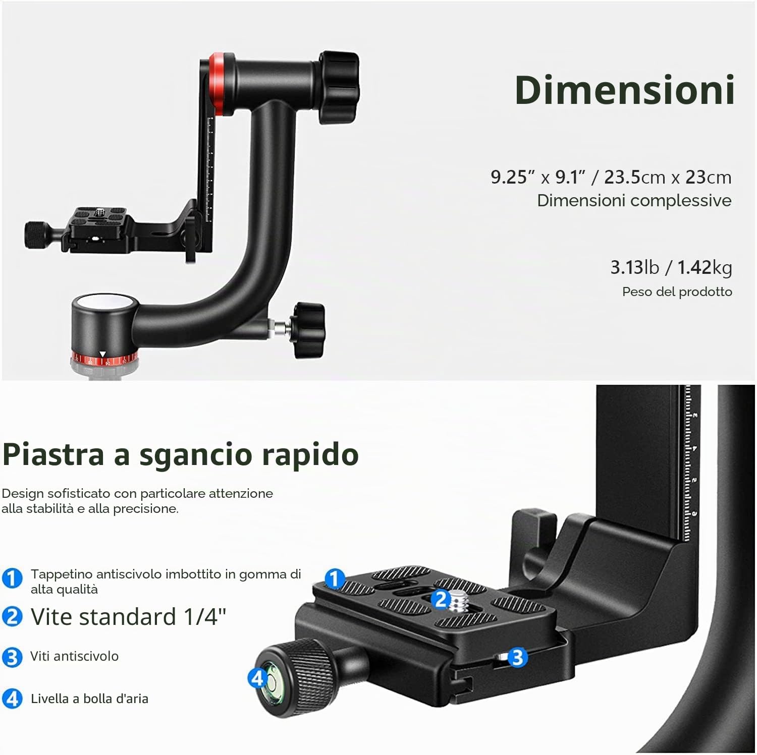 Detalle de NEEWER GM101: testa per treppiede gimbal con piastra Arca e base girevole 360° per DSLR