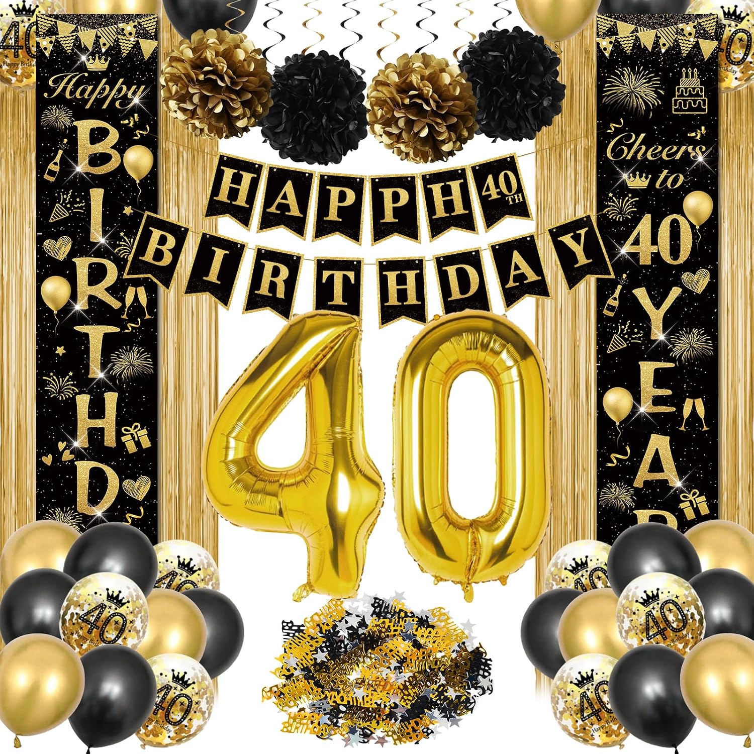 Detalle de Décoration anniversaire 40 ans noir et or (ballons, bannière « Joyeux Anniversaire » et rideau de pluie) pour femme ou homme