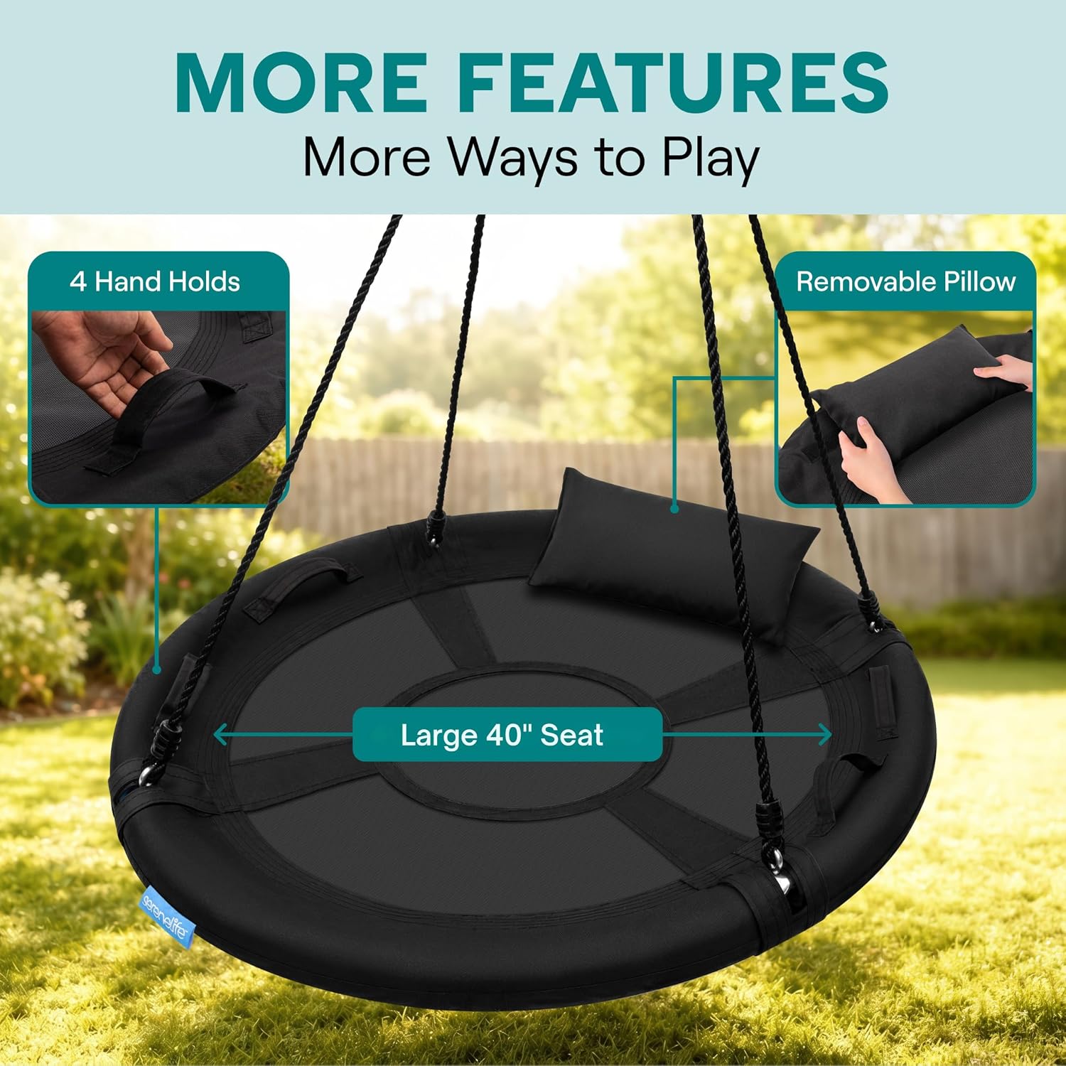 Detalle de SereneLife Saucer Swing: 40-Inch Tree Swing with 700 lb Capacity, 600D Waterproof Seat and Center Spinner