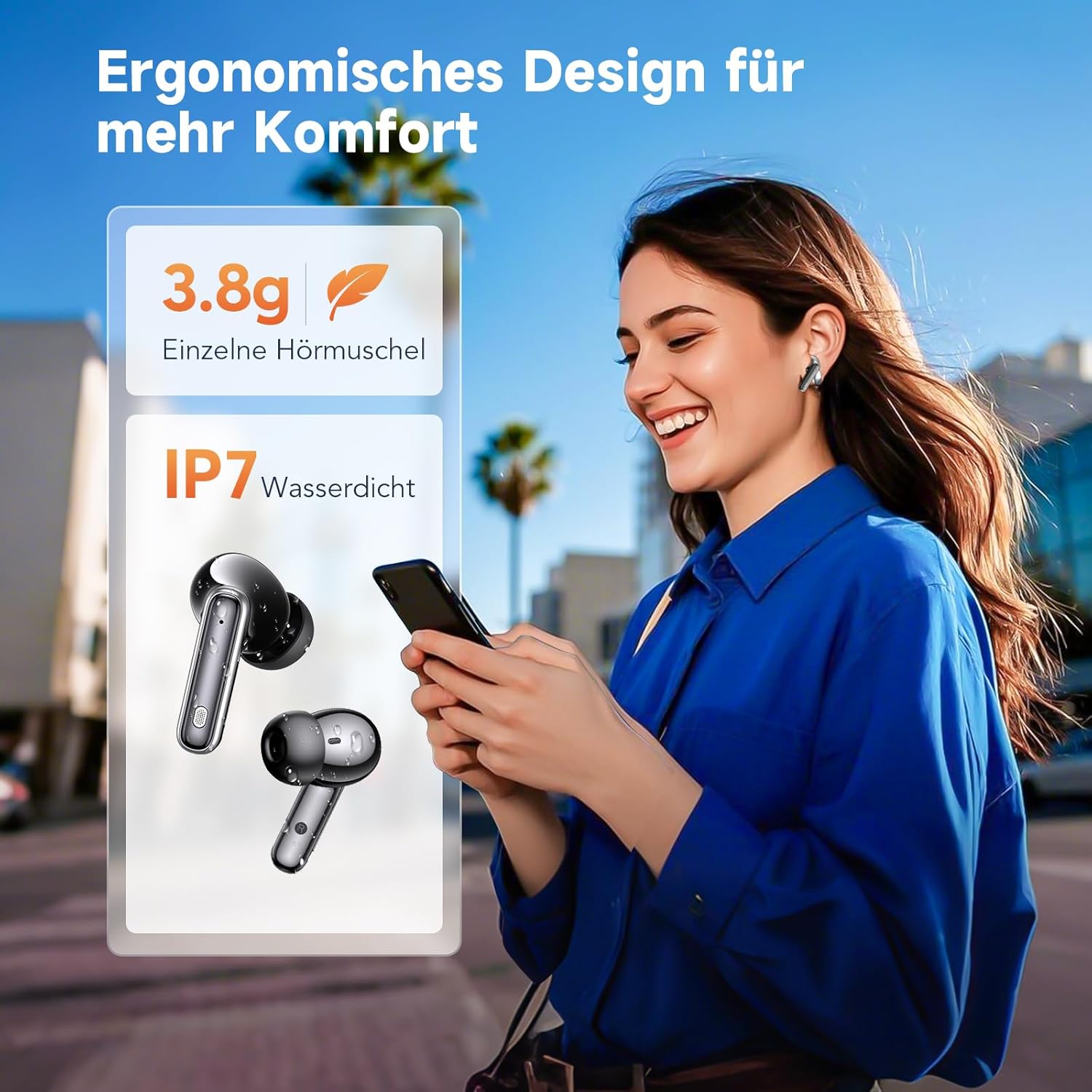 Detalle de In Ear Kopfhörer ANC+ENC Noise Cancelling Kabellos mit Bluetooth 5.4 – 36 h Akku, Schnellladefunktion und variable Ohrenkappen (S/M/L)