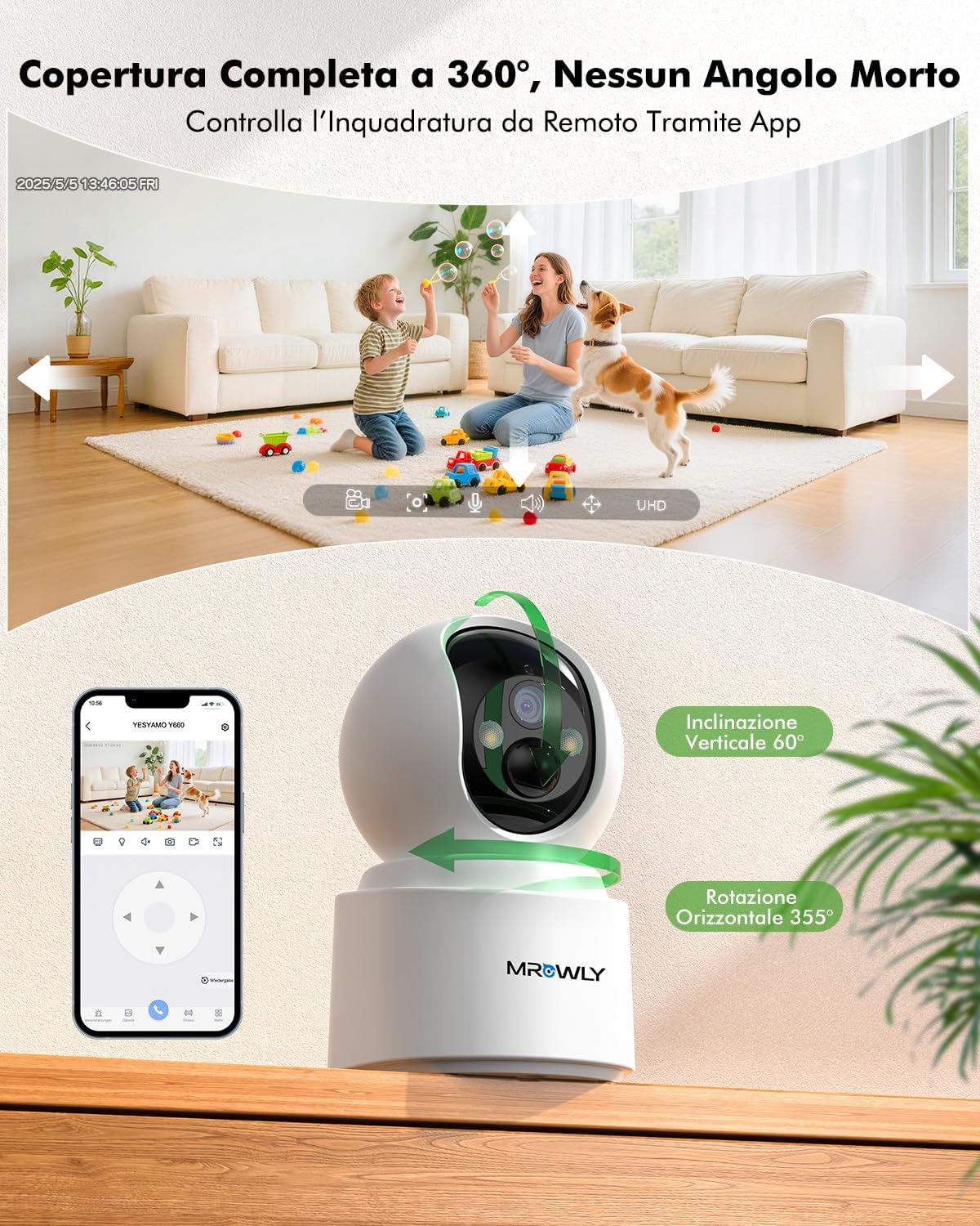 Detalle de Mrowly 4MP 2.5K Telecamera WiFi interna senza fili con batteria 6000 mAh, visione notturna a colori e audio bidirezionale