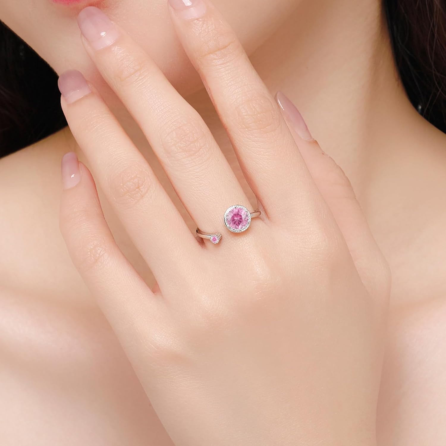 Detalle 2 de Qings Oktober Birthstone Ring aus 925 Sterling Silber mit Turmalin-Optik und verstellbarer Zirkonia