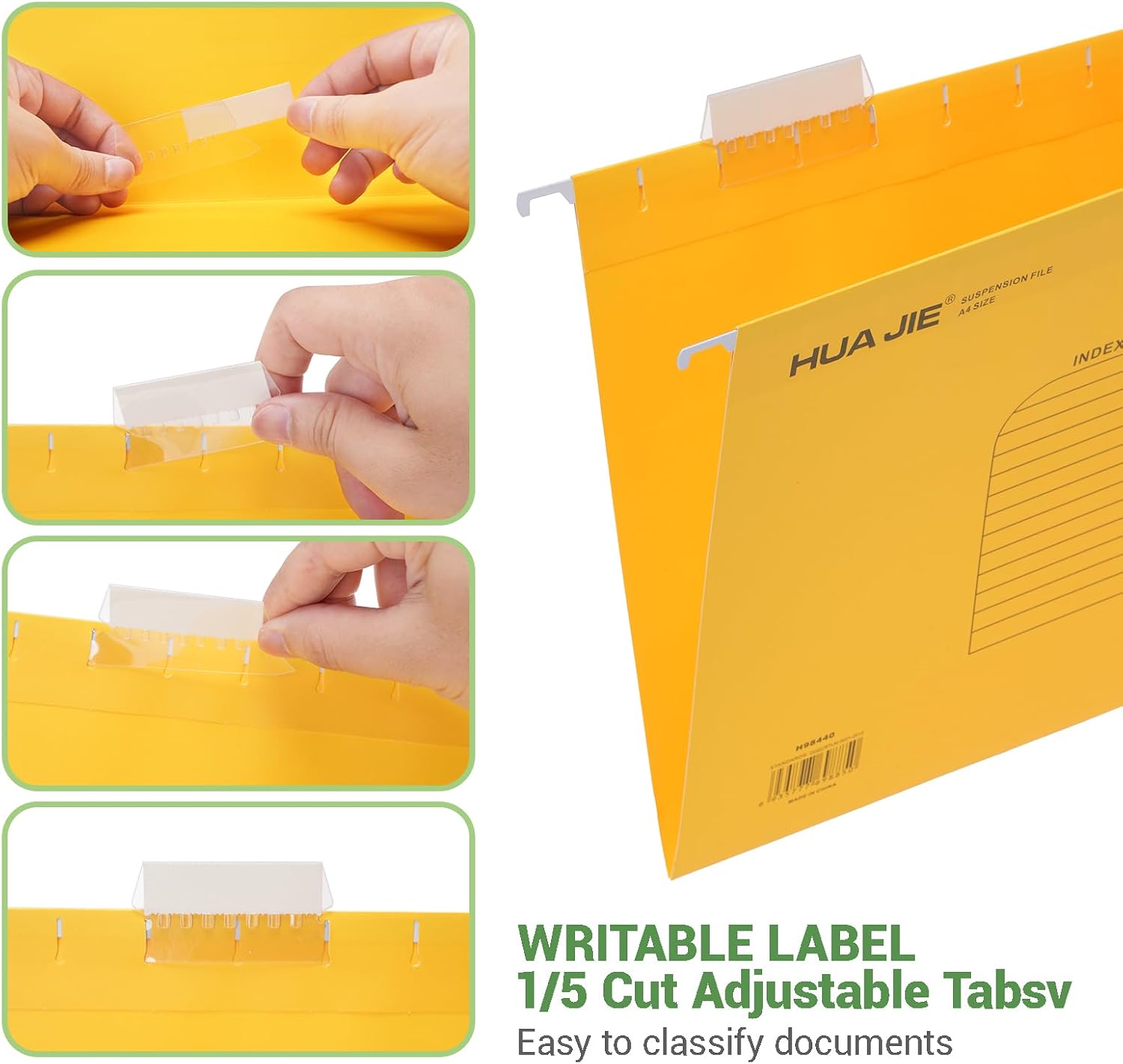 Detalle de Grün A4 Hängeregister – 25 Grüne Hängemappen aus verstärktem Papier mit Tabs & Karteneinlagen (A4, 326 mm Abstand, 34,3 cm Schieberlänge)