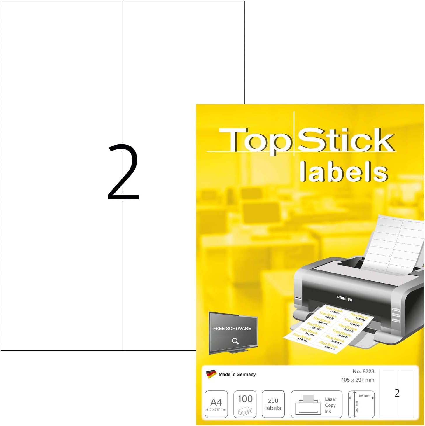 Detalle de TopStick Etichette multiuso autoadesive – 200 etichette su 100 fogli A4, 105 x 297 mm, bianco