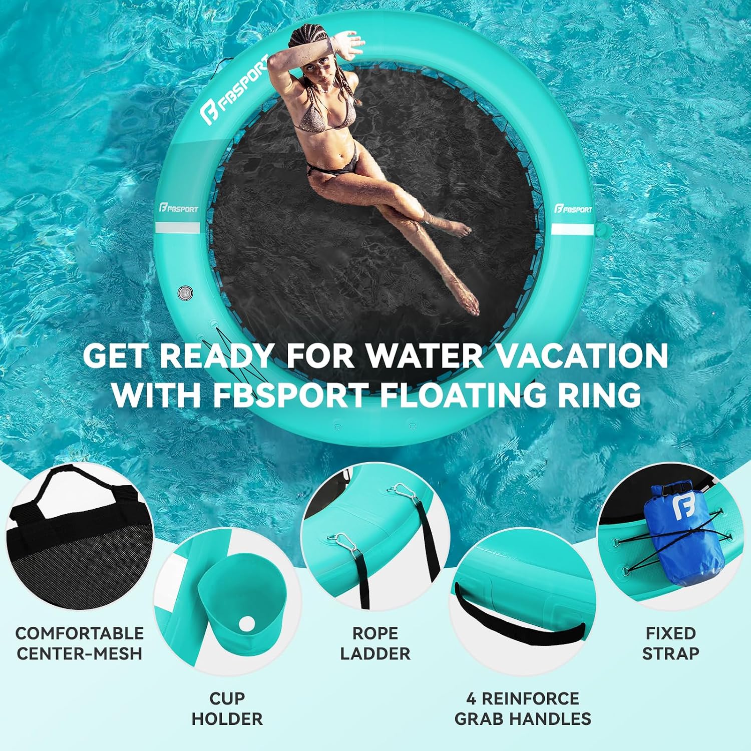 Detalle de FBSPORT Inflatable Water Hammock Round Floating Ring (8 ft) — Floating dock, swim platform & sun raft