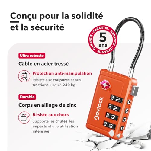 Thumbnail 3 de NovLock – Cadenas TSA à 4 chiffres avec Indicateur d’ouverture, Lot de 4, Orange
