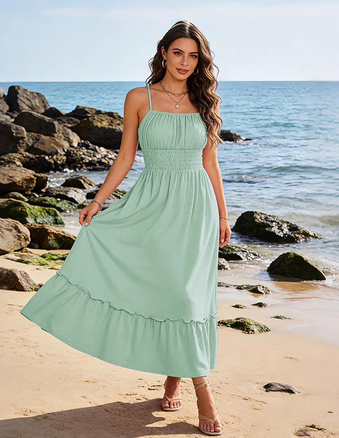 Detalle de GRACE KARIN Women’s Summer Maxi Dress (2026) with Smocked Ruched Bust, Adjustable Straps & Pockets