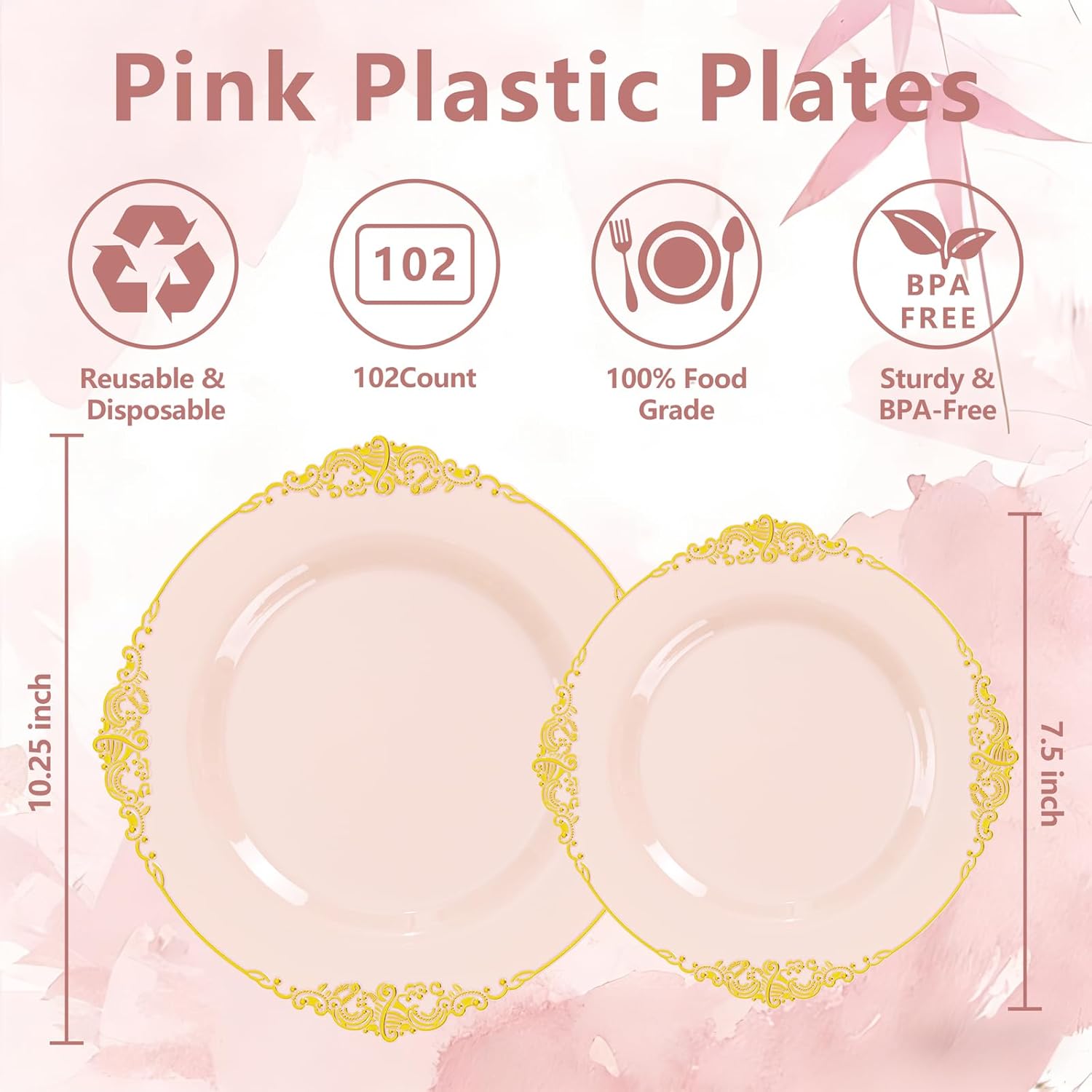 Detalle de Joyido 102PCS Pink & Gold Plastic Plates Set (Dinner + Dessert) for Weddings & Parties