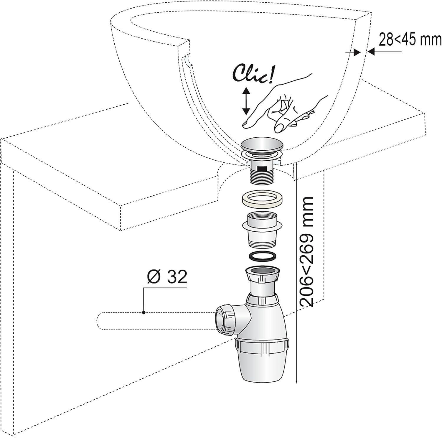 Thumbnail 4 de Wirquin 30723121 – Vidage pour lavabo avec trop-plein intégré et bonde clapet Quick-Clac, blanc