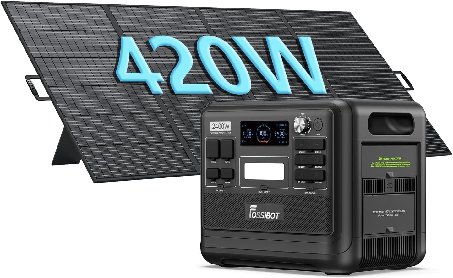 Thumbnail 3 de FOSSiBOT F2400 Générateur Solaire avec Panneau 200W – 2048 Wh, LiFePO4, 3 Sorties CA 2400 W