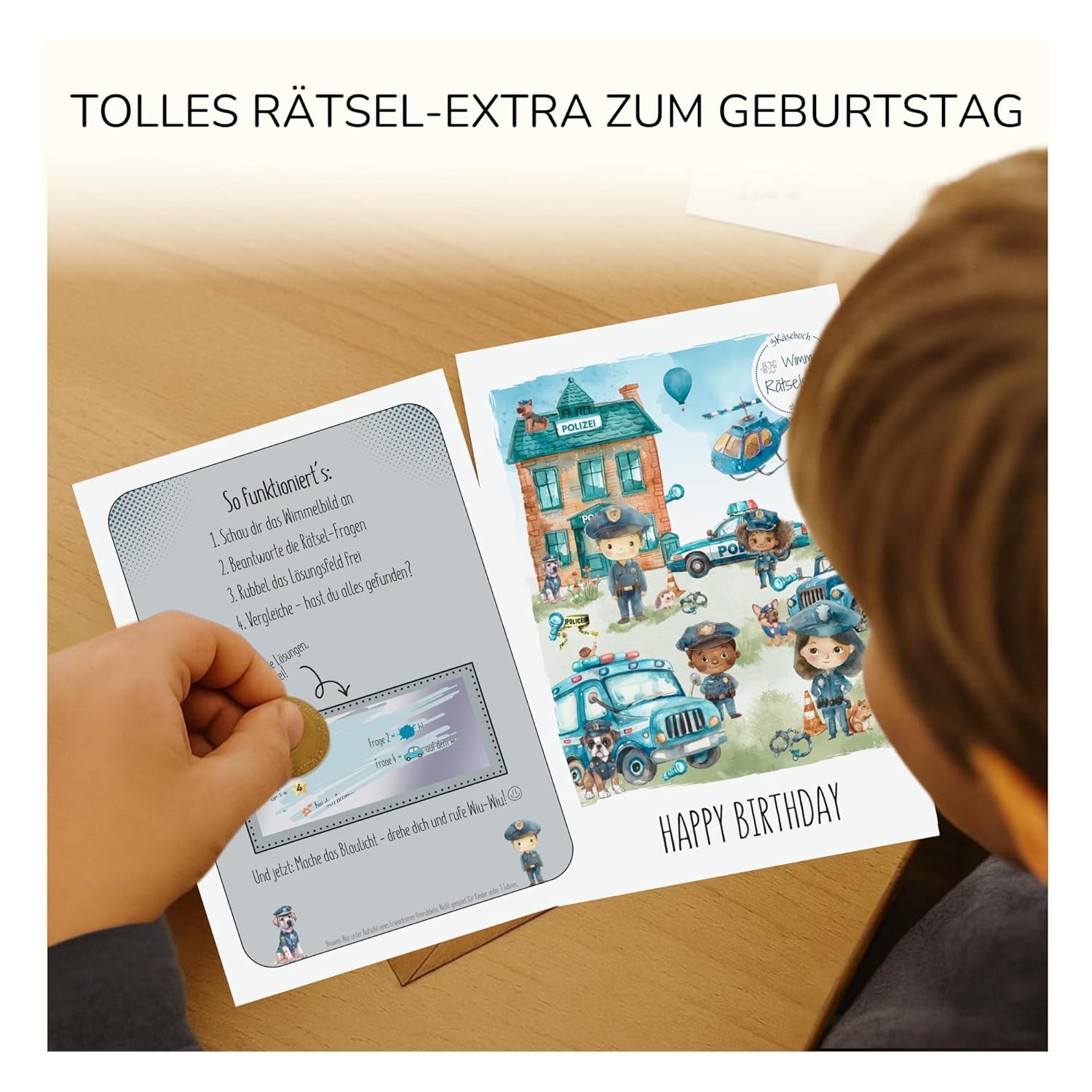 Detalle de 3Käsehoch Geburtstagskarte für Kinder Polizei – Wimmelkarte mit Rätsel ab 3 Jahren