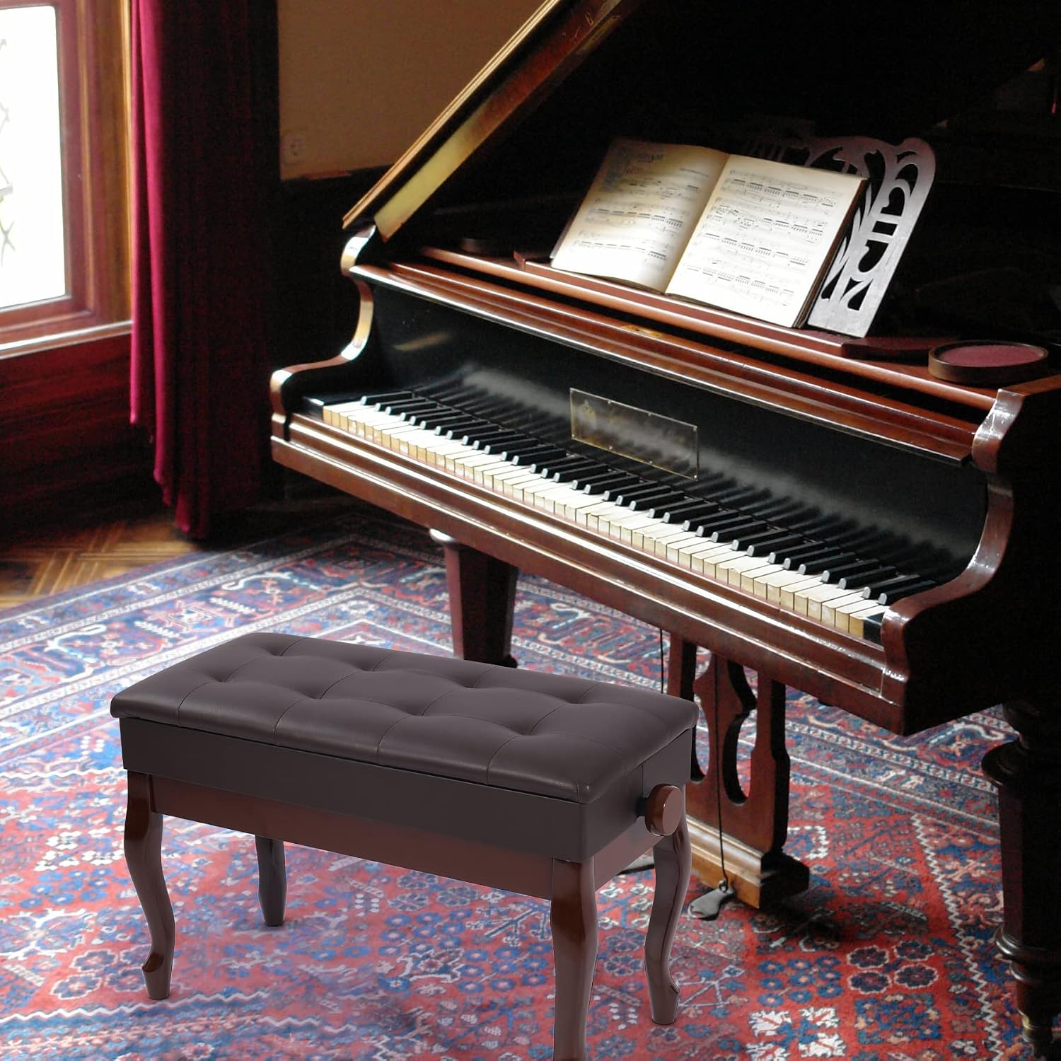 Detalle 2 de ALAPUR 18470 Adjustable Duet Piano Bench with Storage, Brown PU Leather