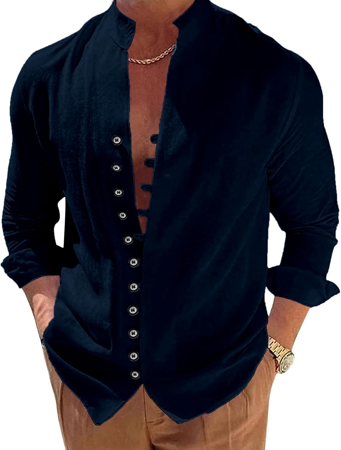 Detalle de NANAMEEI Chemise en Lin pour Homme à Manches Longues – Style décontracté et col Mao