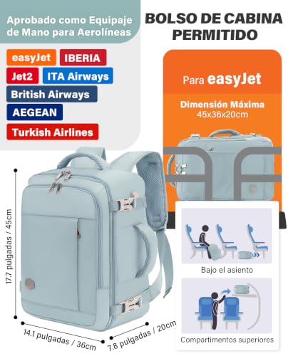 Detalle de VANKEV Mochila de cabina 45x36x20 cm para EasyJet, 30 L, con compartimento para portátil 15.6