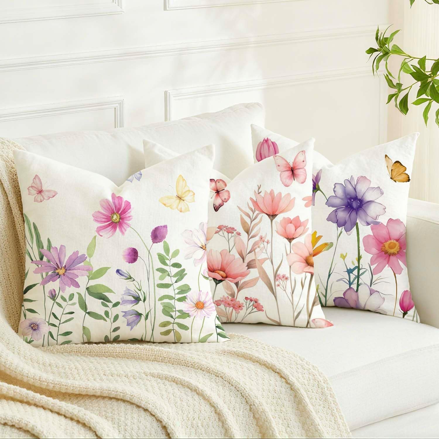 Detalle de Avalune Kissenbezug 50x50 cm Frühling Leinenoptik – Blumen Rosa/Grün, 2er Set